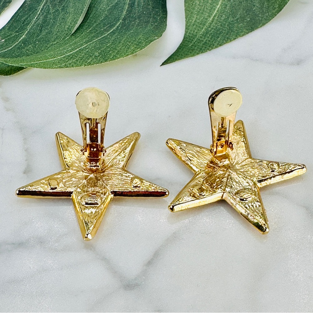 Vintage Huge Rhinestone Star Earrings 80s Clip On Gold Bling Sparkle Cos… - Picture 9 of 10